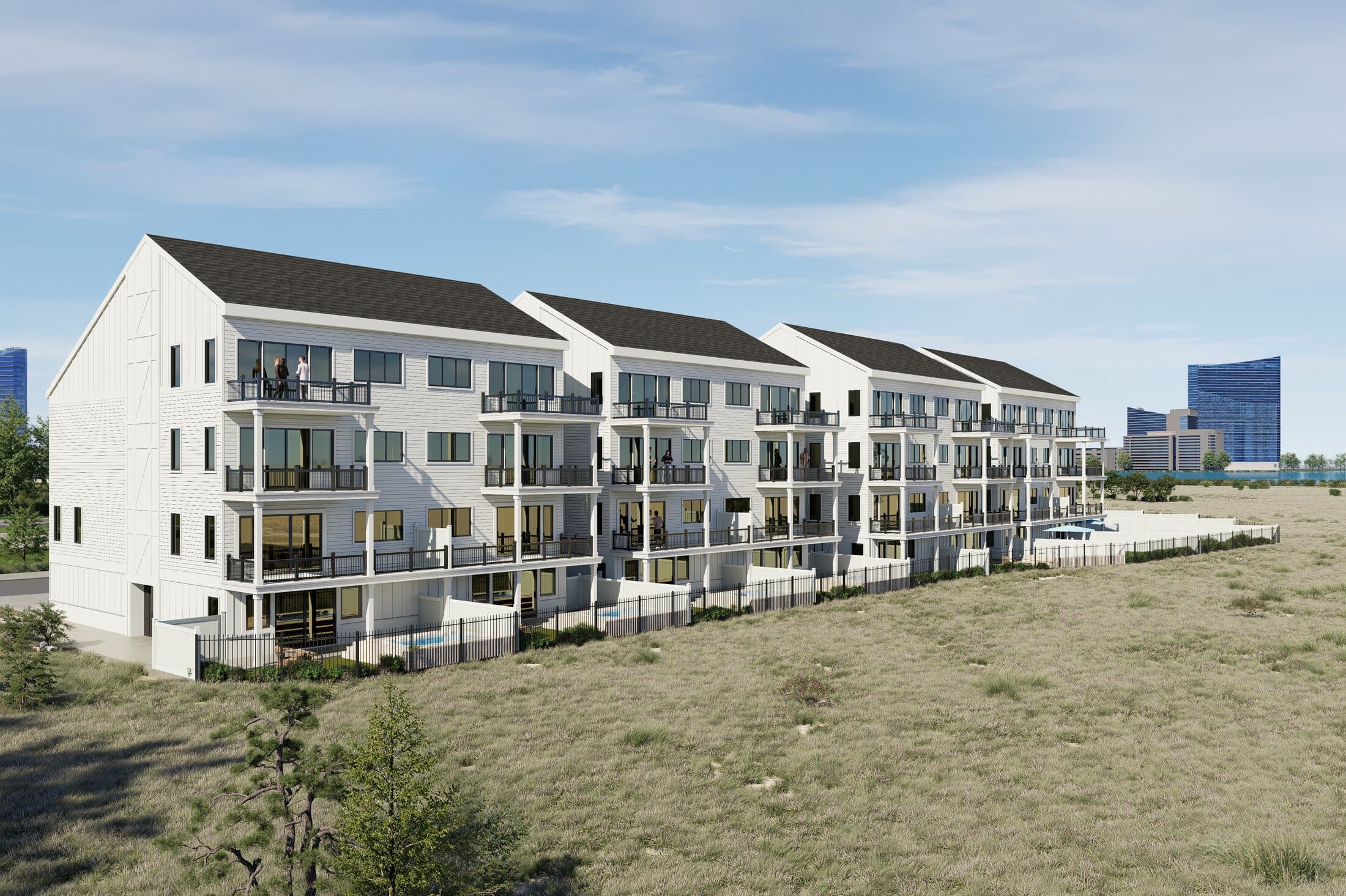 Elevated view of the Sunset Point townhomes with the Atlantic City skyline beyond