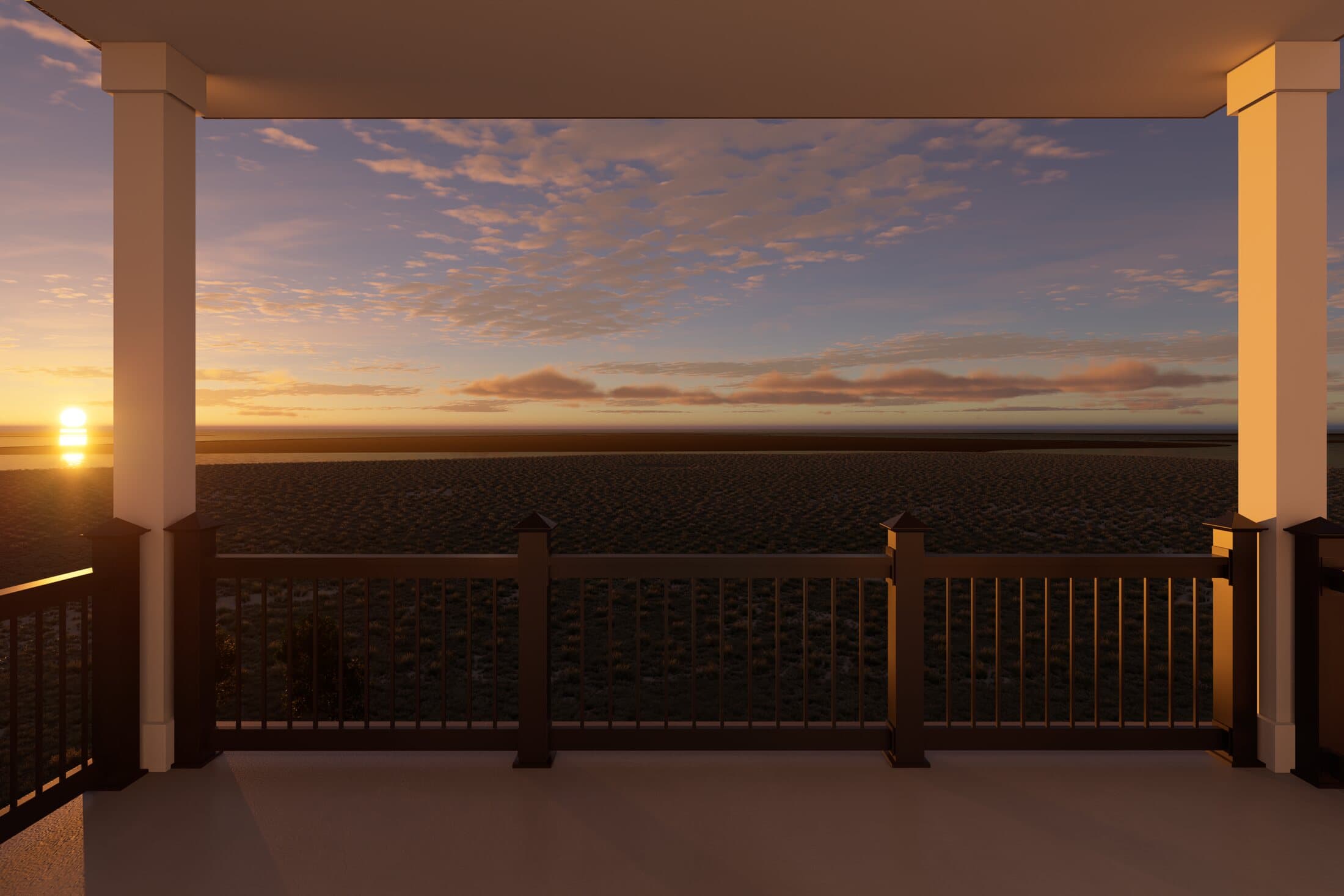 Sunset over the bay from a second-floor balcony