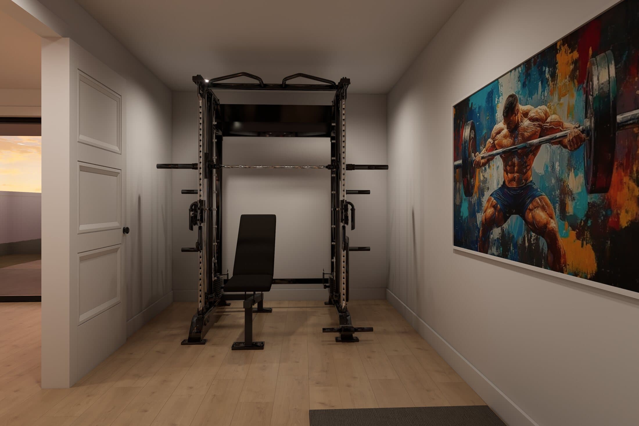 Ground-floor gym with a squat rack, bench and mural