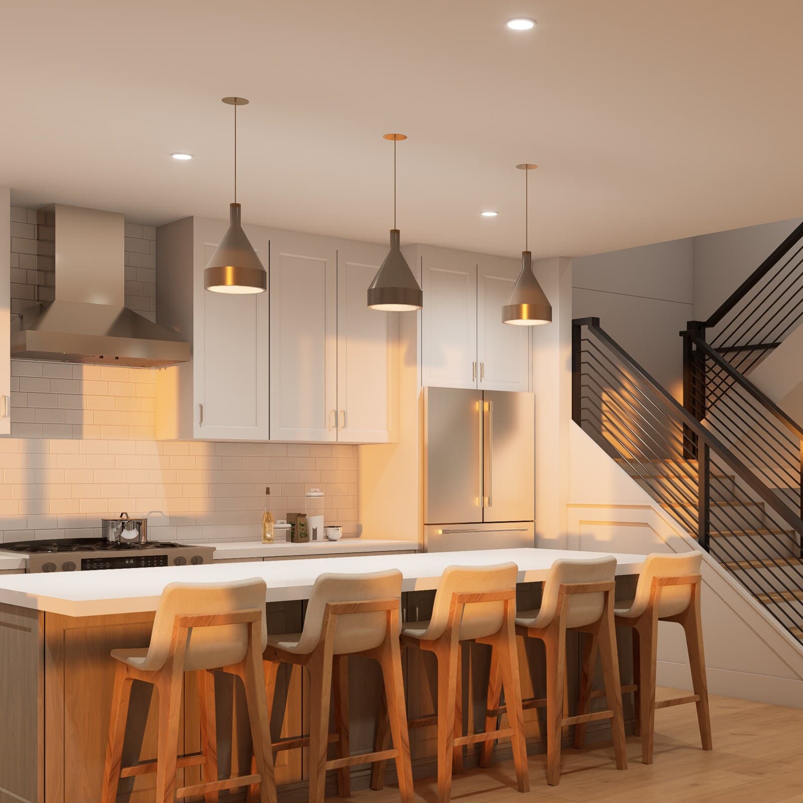 Detail of the kitchen island — pendant lighting, stone countertop and counter stools