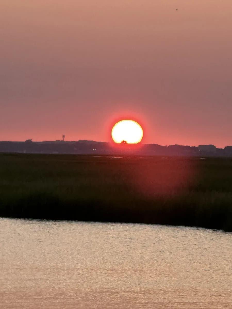 The sun setting behind the marsh grass on the far bank, seen across the water