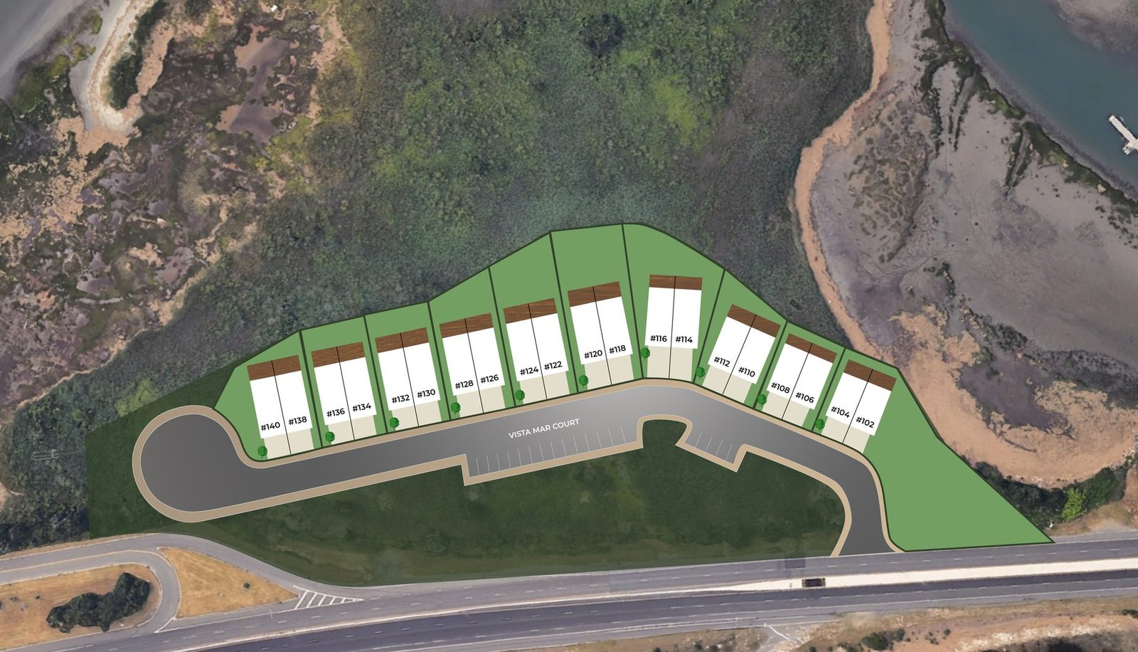 Aerial site plan of Sunset Point Townhomes showing twenty homesites along Vista Mar Court, with Little Panama Bay to the north and east